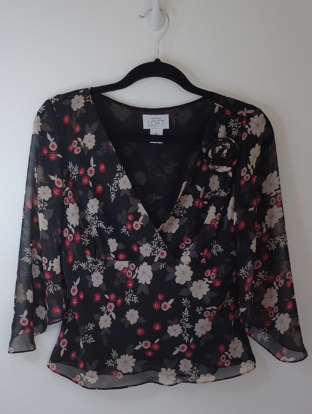 Loft Womens Dark Floral Babydoll Top Sz 4 Sheer Overlay Bell Sleeves Whimsigoth